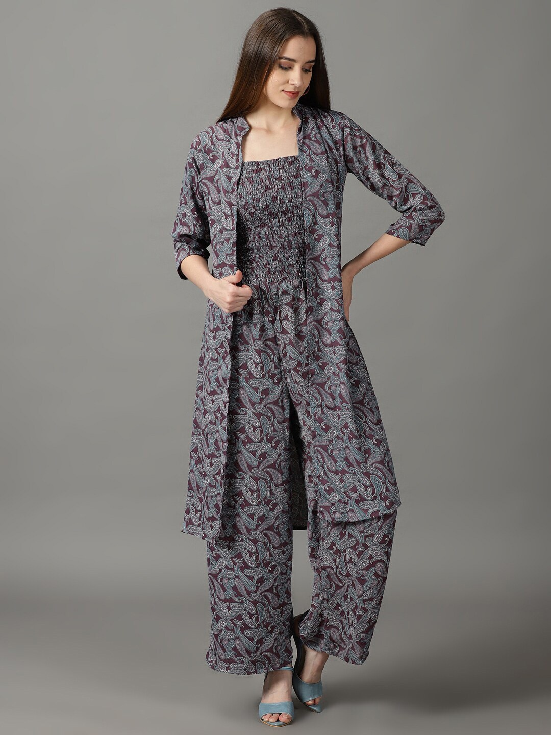 

SHOWOFF Printed Basic Jumpsuit With Over Coat, Violet