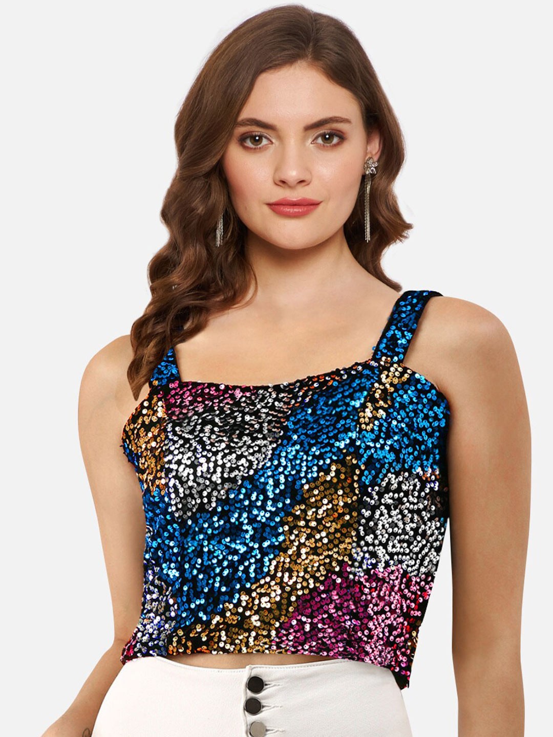 

Martini Embellished Print Velvet Crop Top, Black