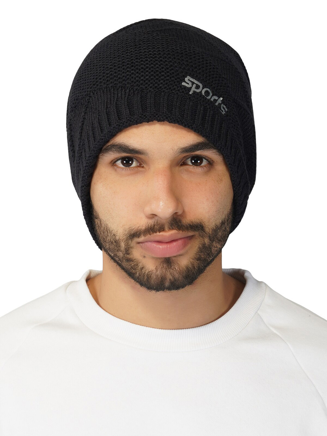 

iSWEVEN Self Design Woolen Beanie, Black