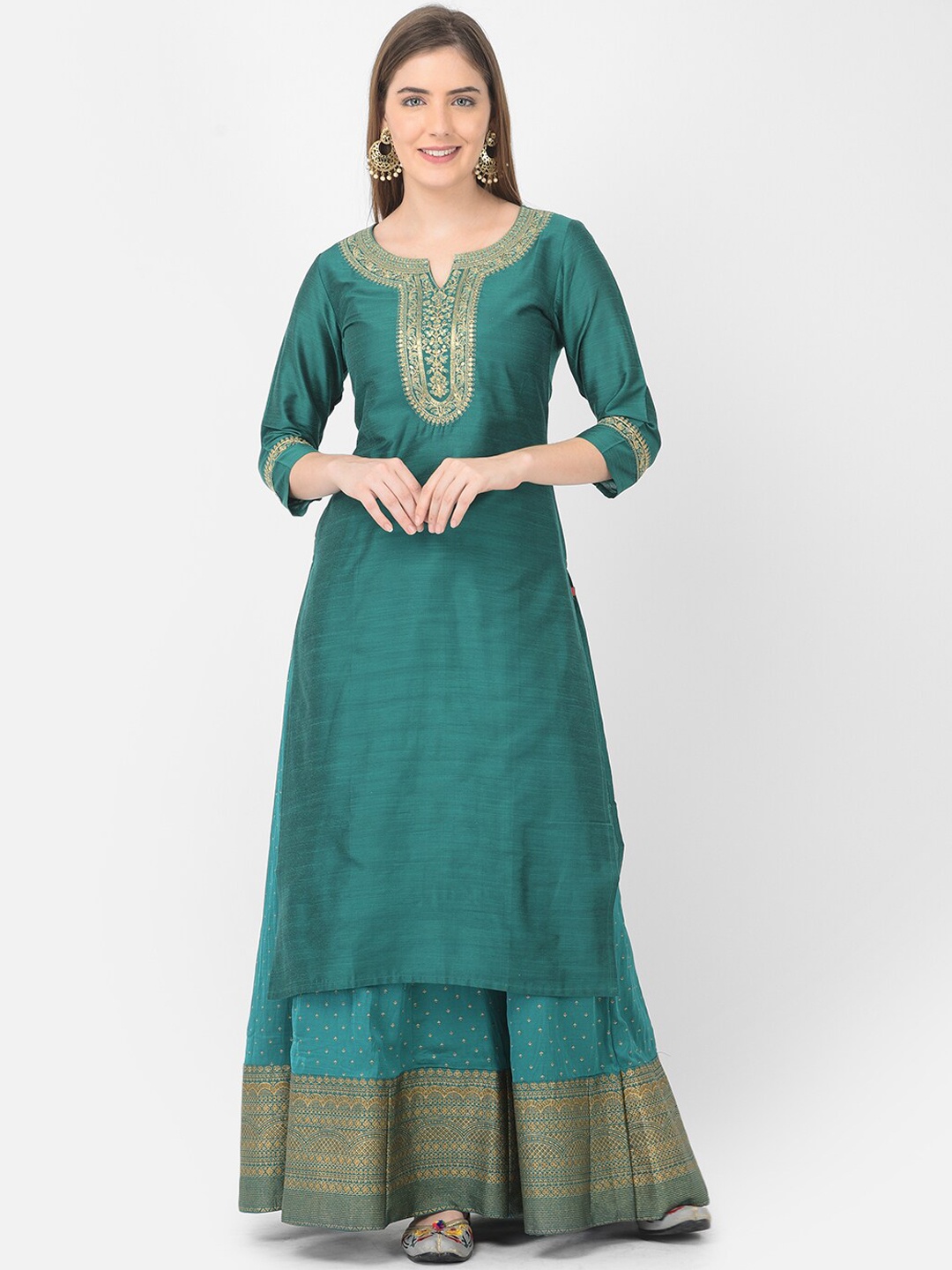 

Span Women Ethnic Motifs Yoke Design Thread Work Kurta, Green