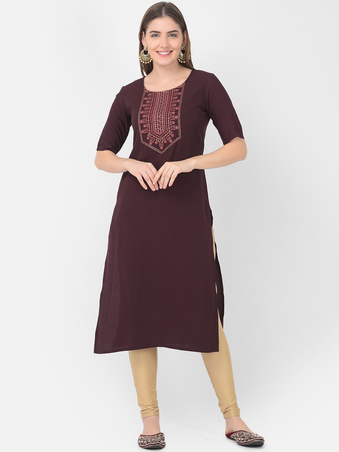 

Span Women Yoke Design Thread Work Kurta, Brown