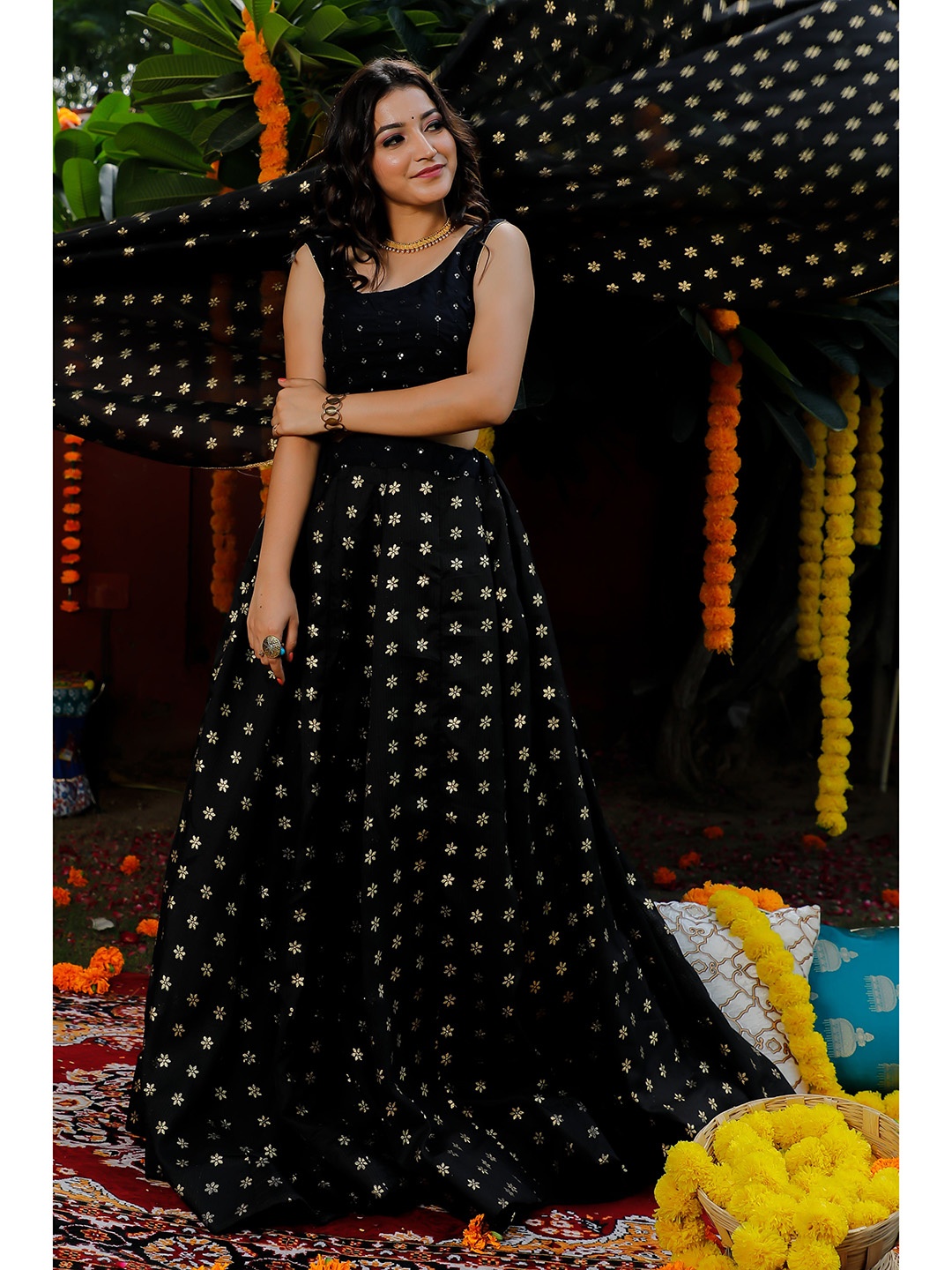 

Indi INSIDE Black & Gold-Toned Embroidered Sequinned Foil Print Ready to Wear Lehenga & Unstitched Blouse