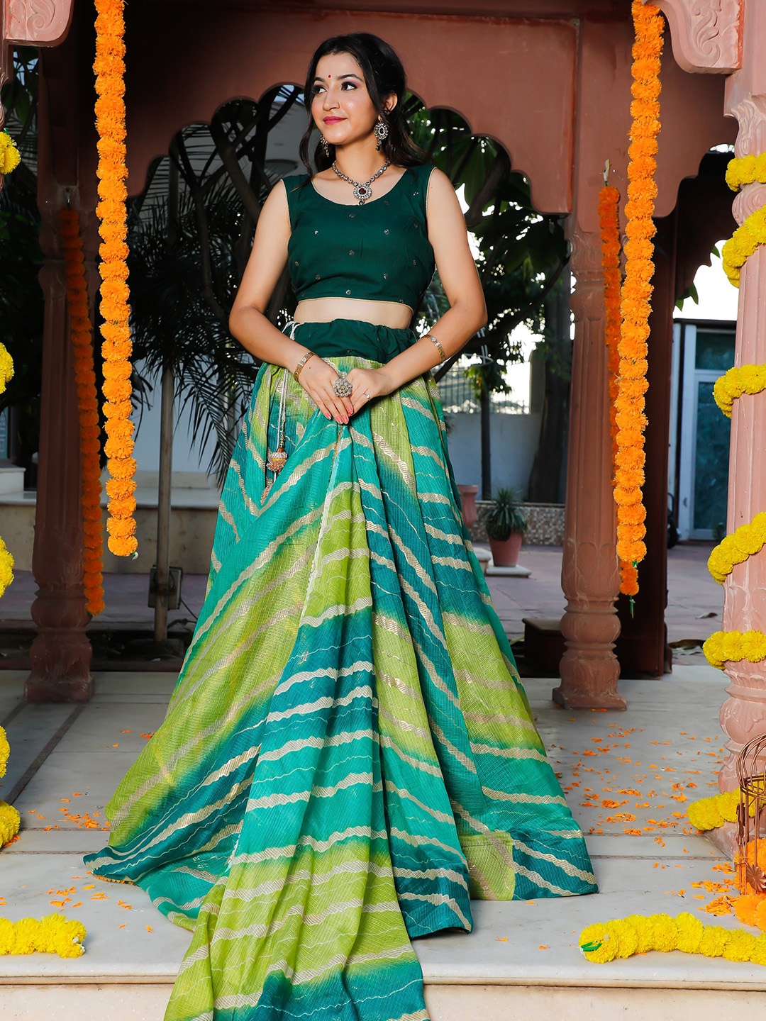 

Indi INSIDE Green & Blue Embroidered Beads and Stones Foil Print Ready to Wear Lehenga & Unstitched Blouse