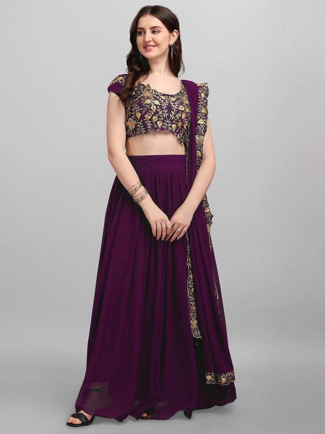 

Ethnic Yard Embroidered Semi-Stitched Lehenga & Unstitched Blouse With Dupatta, Purple