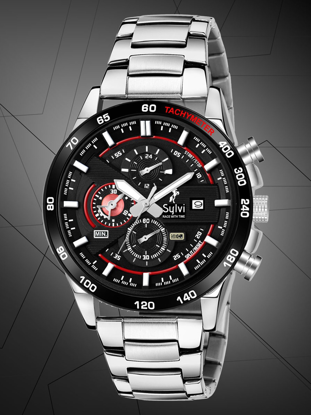 

Sylvi Men Black Bracelet Style Straps Analogue Chronograph Watch VL-556, Red