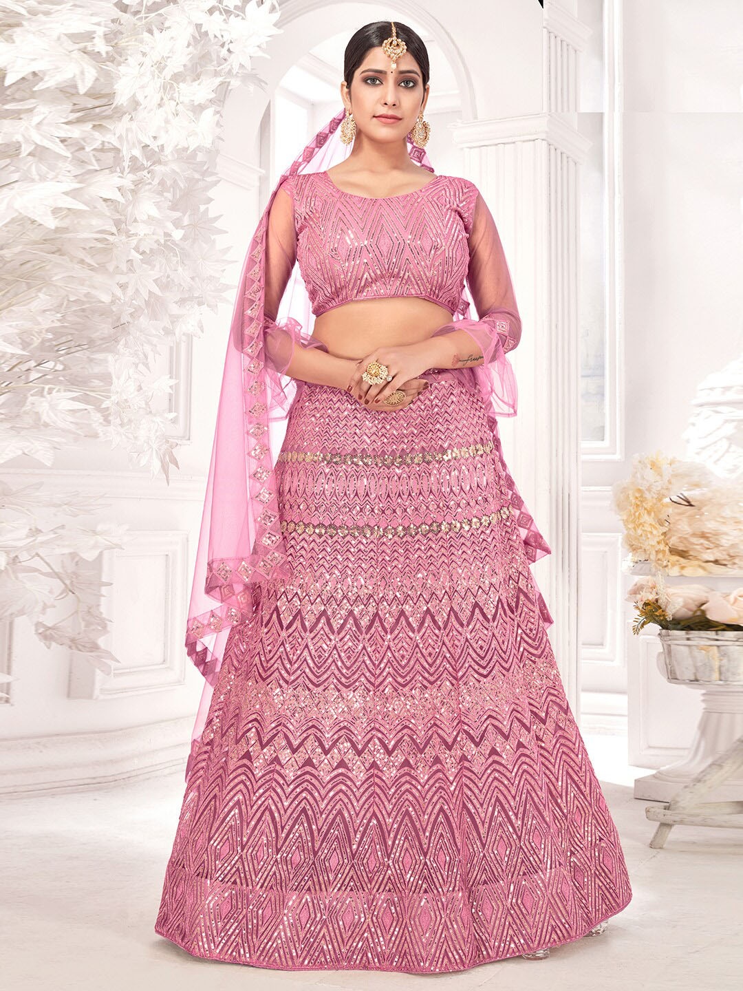 

Kvsfab Embroidered Net Semi-Stitched Lehenga & Unstitched Blouse With Dupatta, Pink