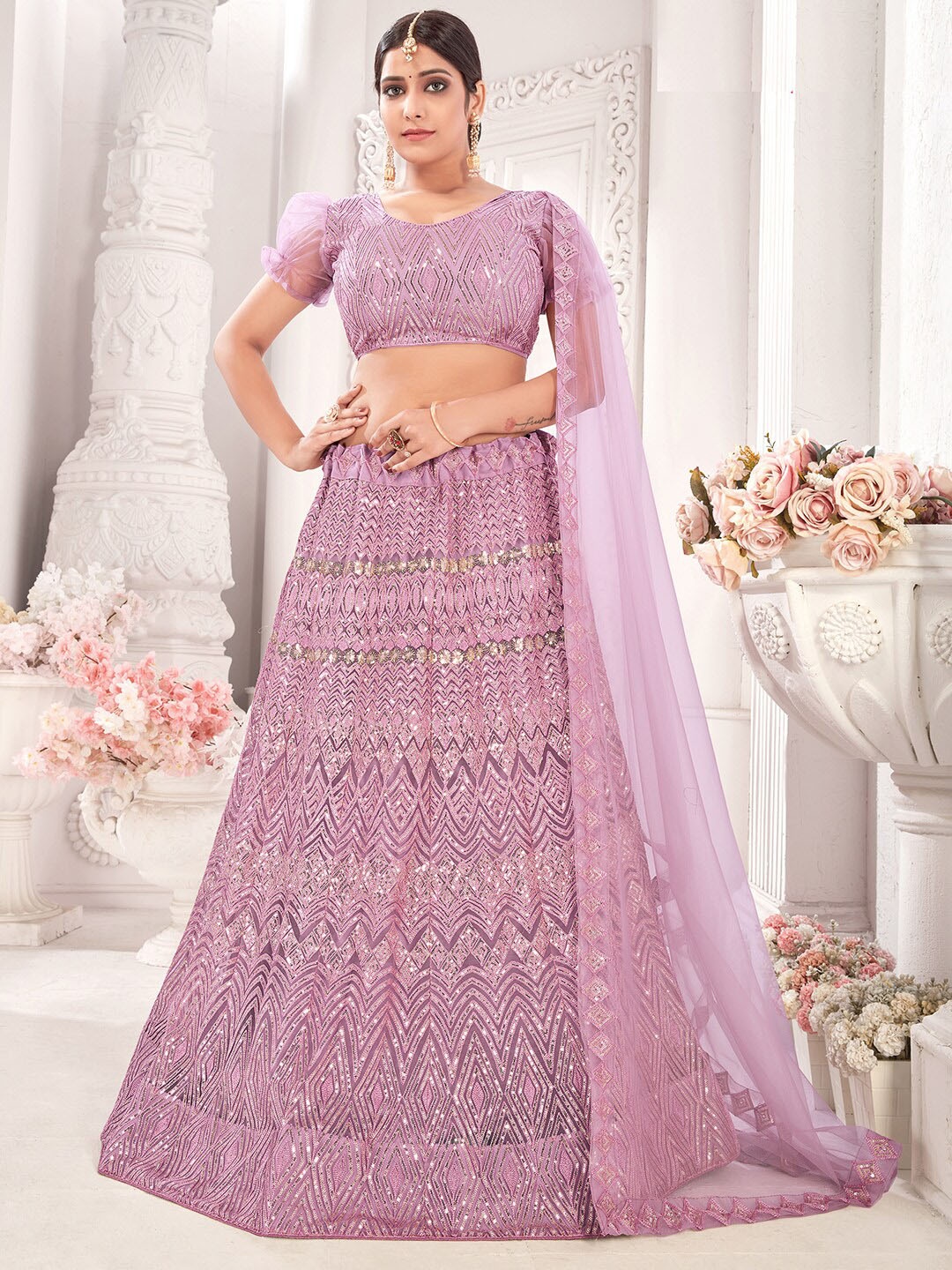 

Kvsfab Embroidered Net Semi-Stitched Lehenga & Unstitched Blouse With Dupatta, Purple