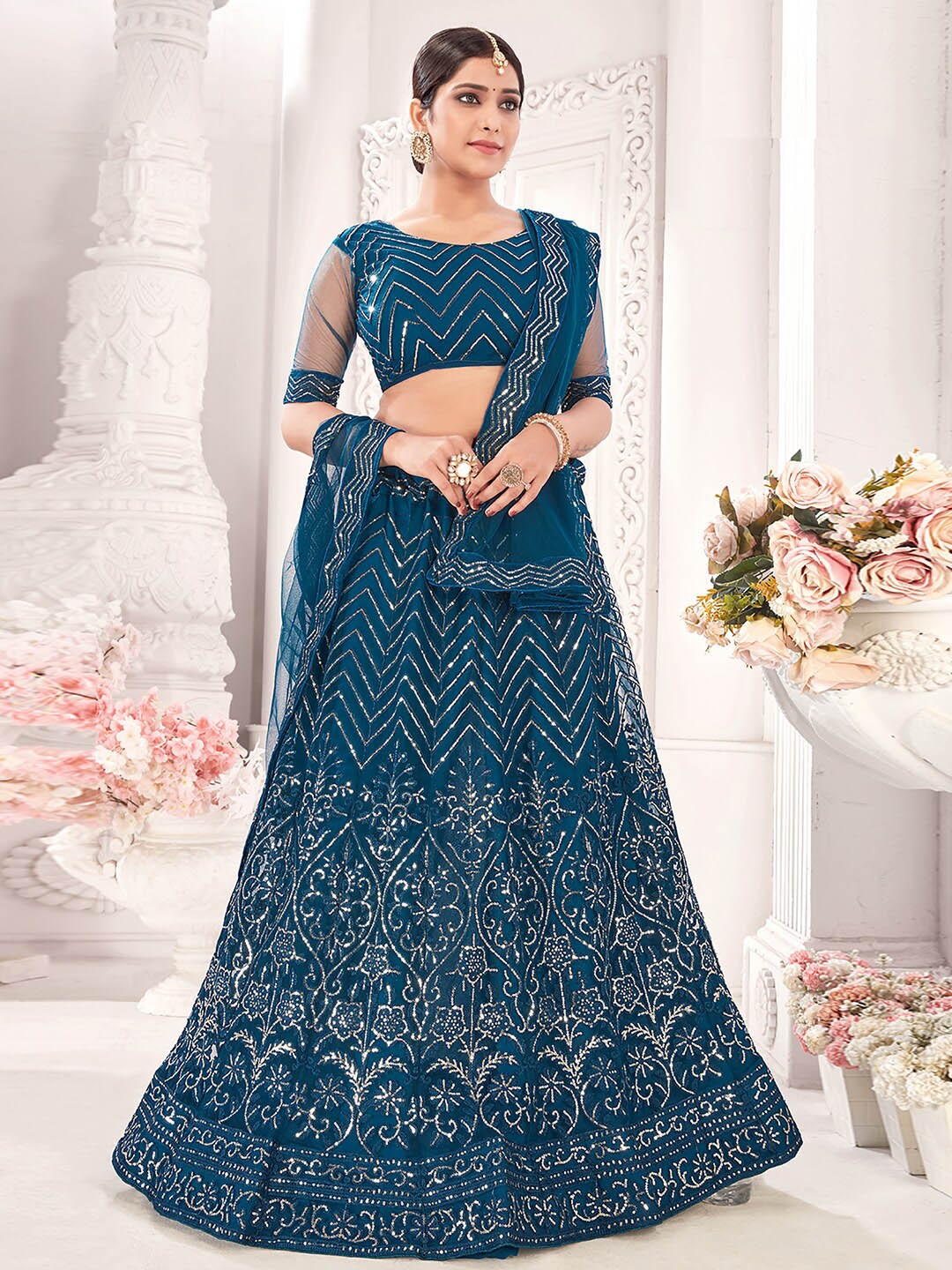 

Kvsfab Embroidered Net Semi-Stitched Lehenga & Unstitched Blouse With Dupatta, Teal