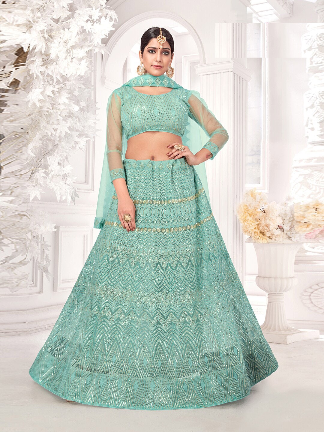 

Kvsfab Embroidered Net Semi-Stitched Lehenga & Unstitched Blouse With Dupatta, Sea green