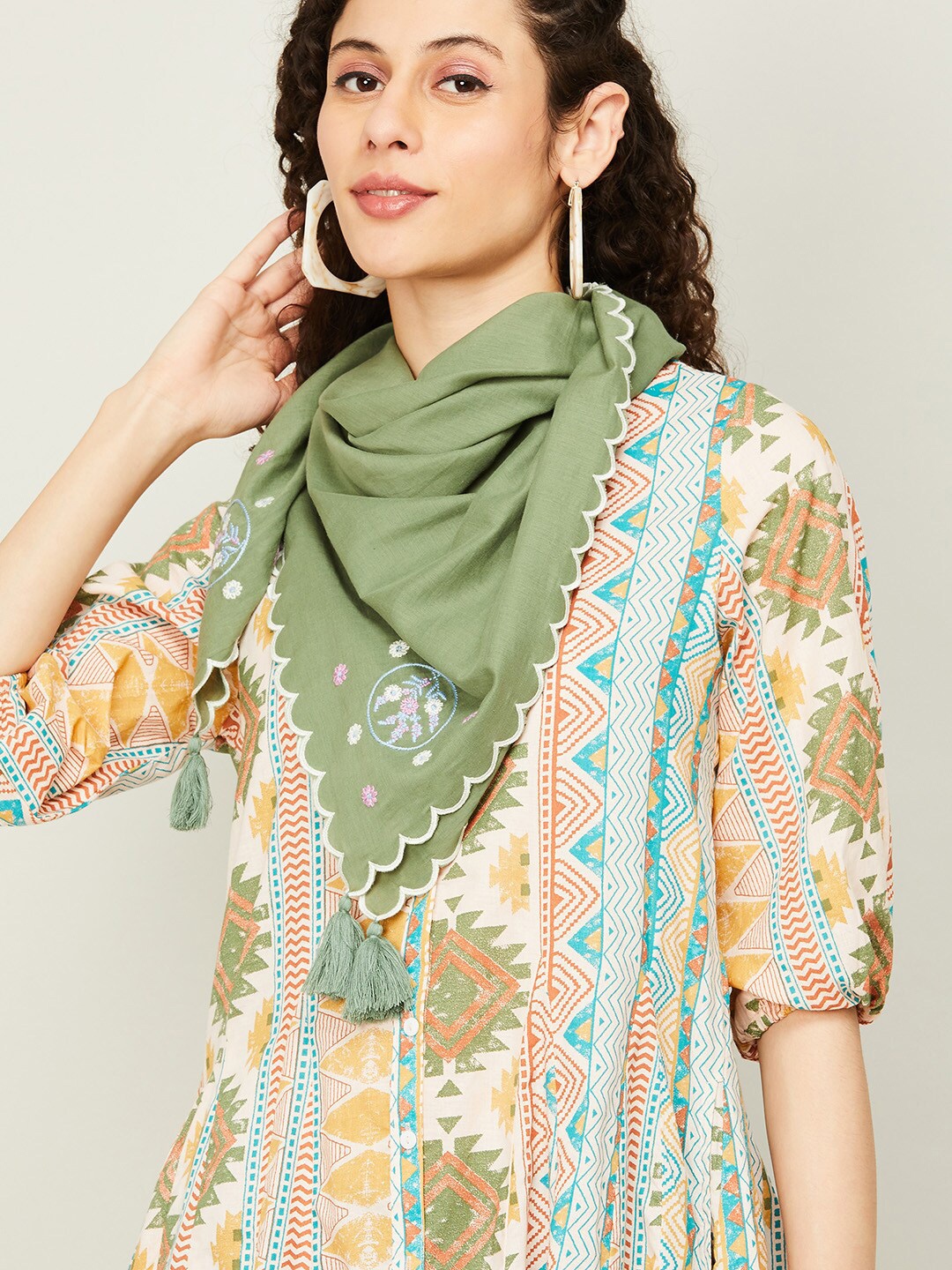 

Colour Me by Melange Embroidered Cotton Dupatta with Thread Work, Green