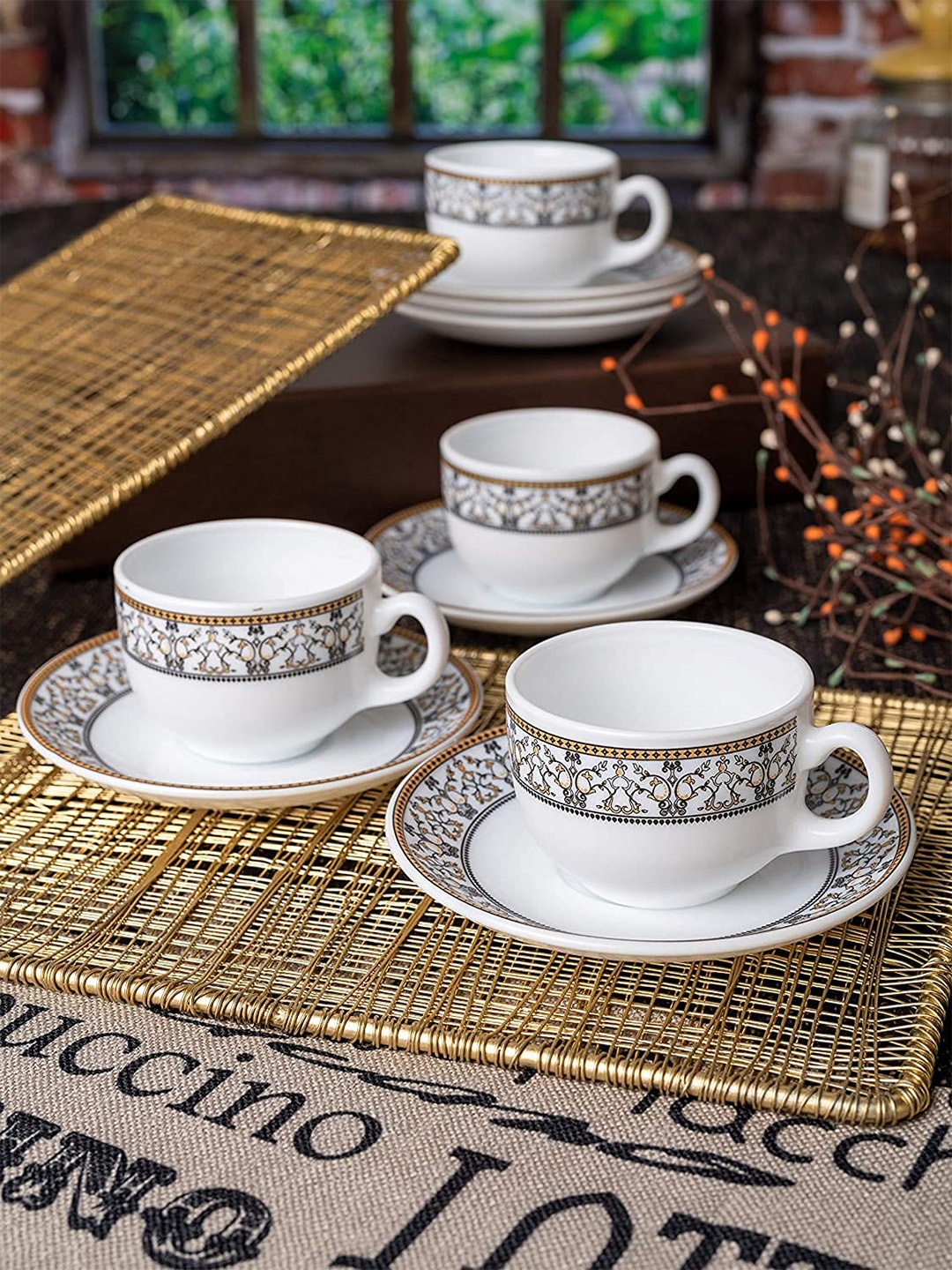 

SkyKey White & Gold-Toned Set Of 12 Printed Opalware Glossy Cups and Saucers 160ml