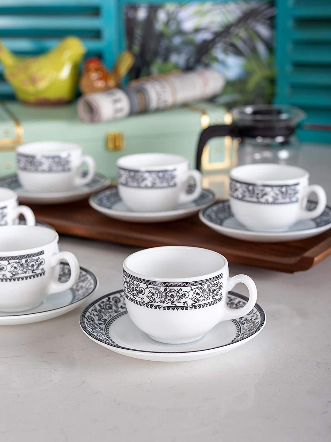 

SkyKey Grey & White Set Of 12 Printed Opalware Glossy Cups and Saucers 160ml