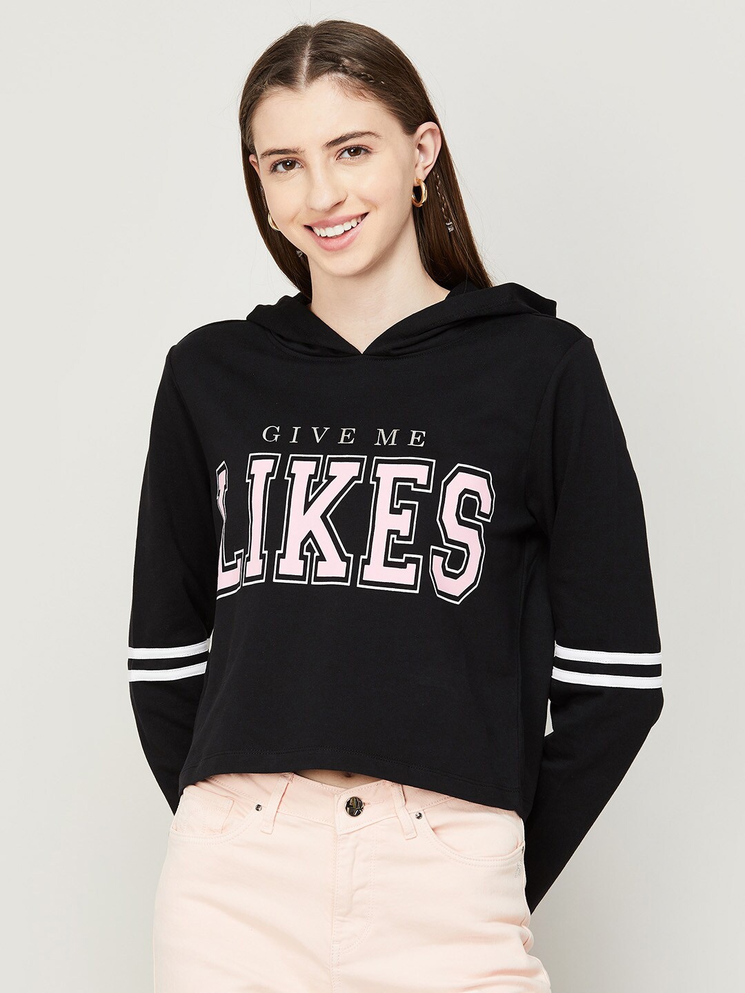 

Ginger by Lifestyle Women Printed Hooded Pure Cotton Sweatshirt, Black