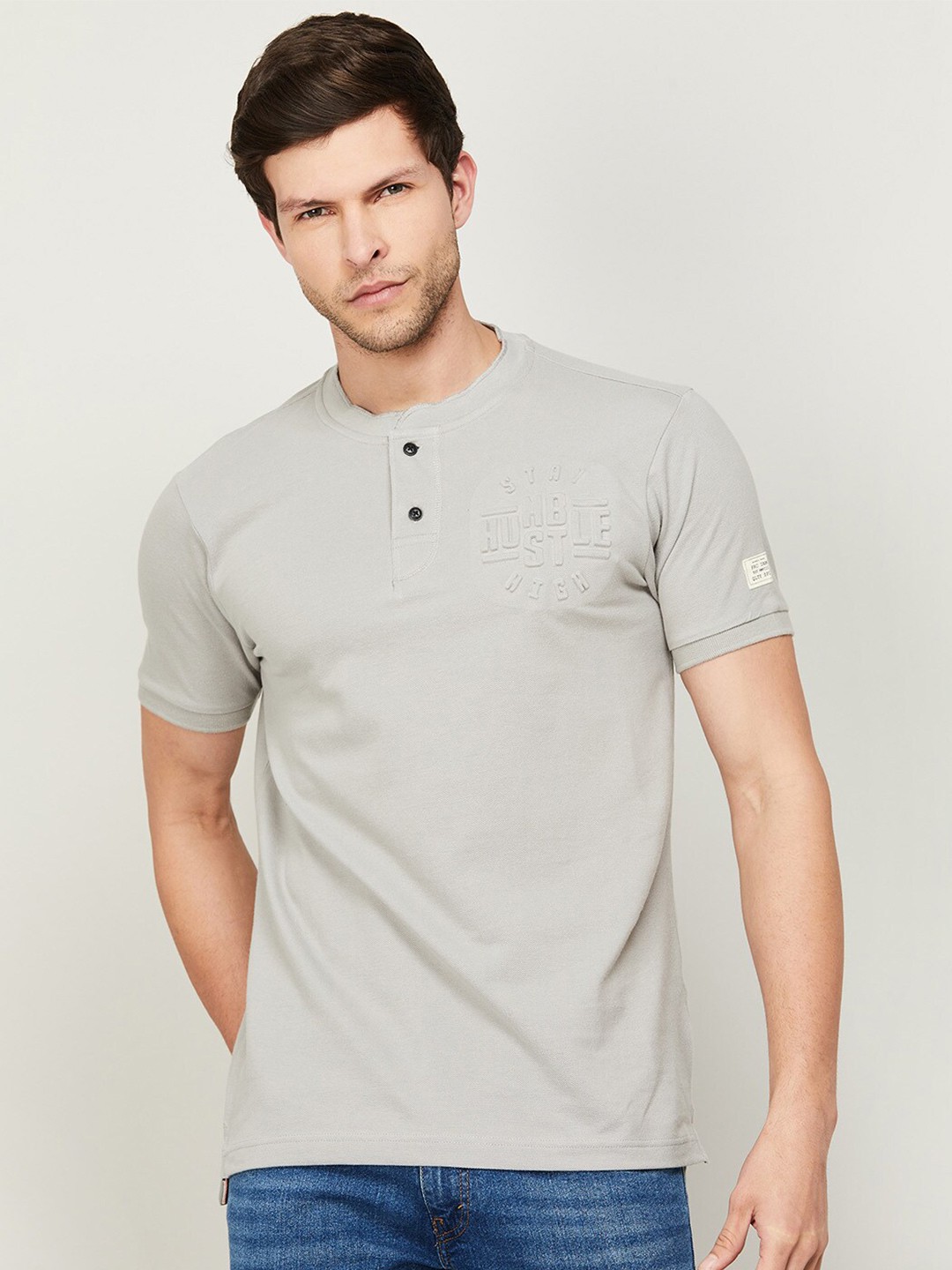 

Forca Men Mandarin Collar Cotton T-shirt, Grey