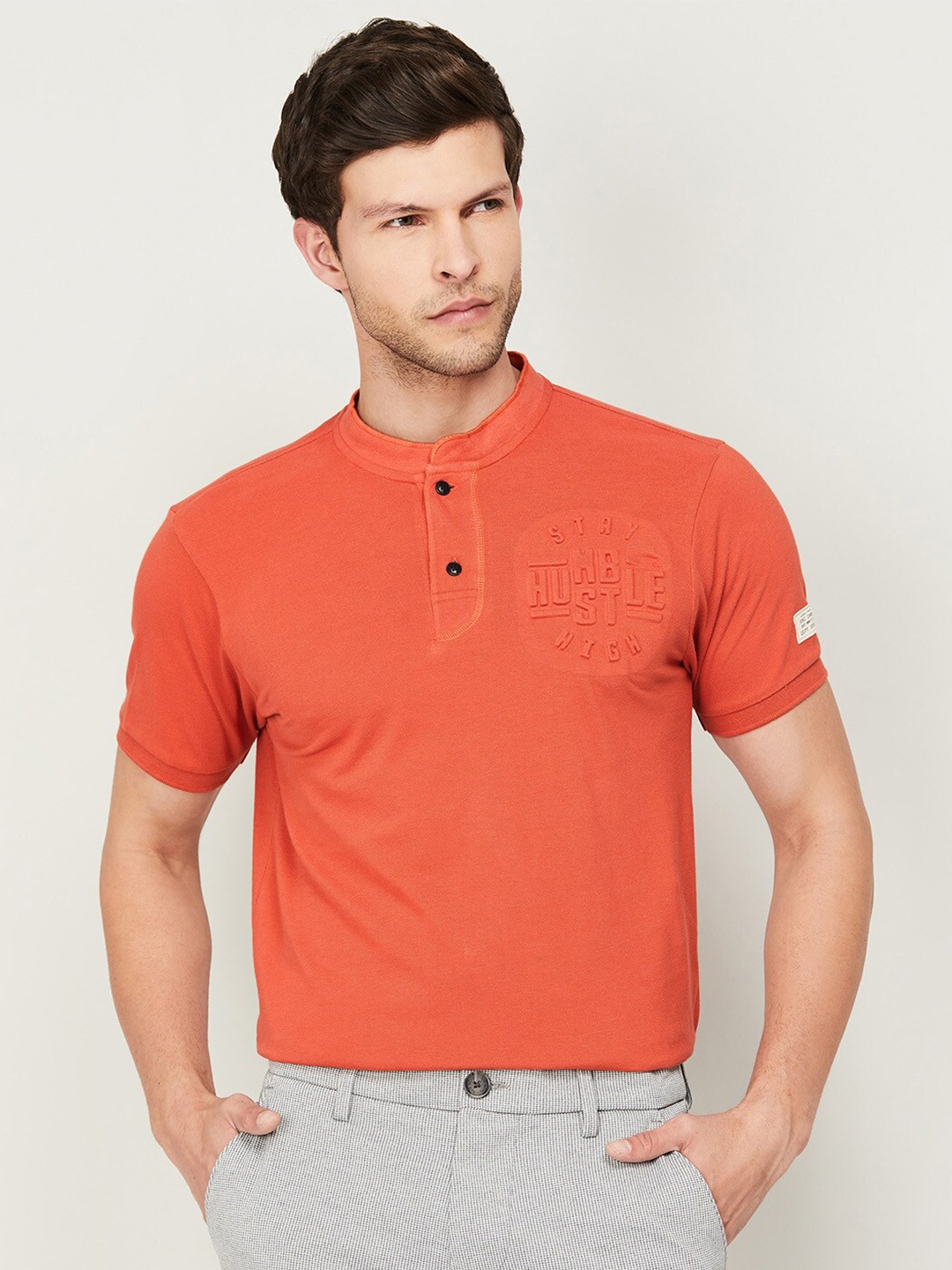 

Forca Men Henley Neck Cotton T-shirt, Orange