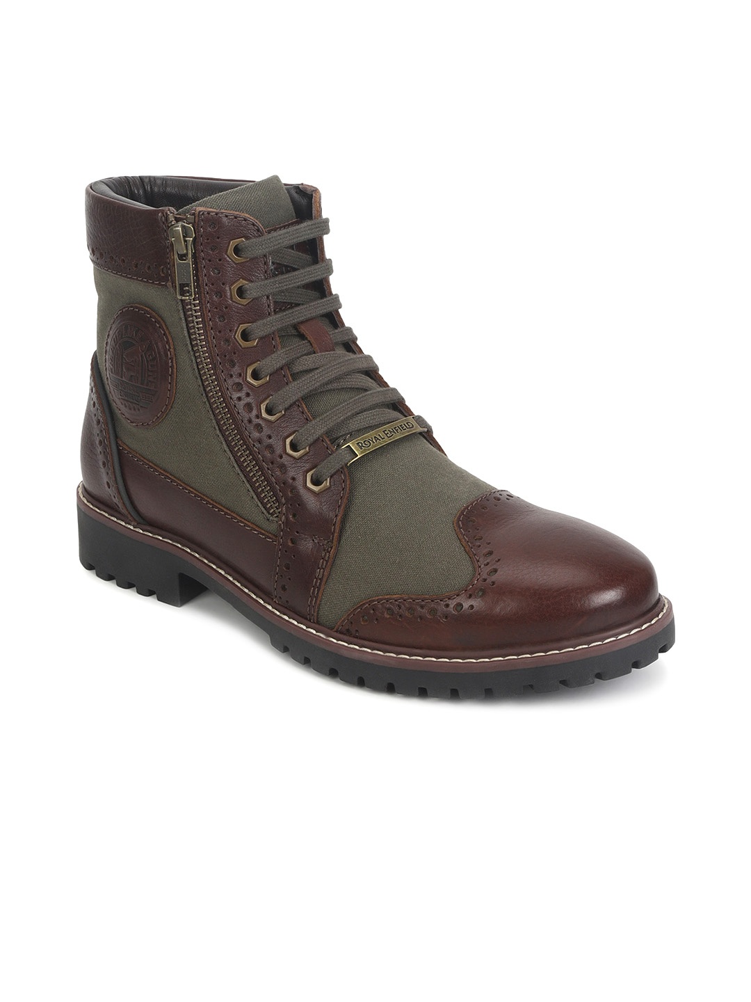 

Royal Enfield Men Colourblocked Leather Biker Boots, Olive