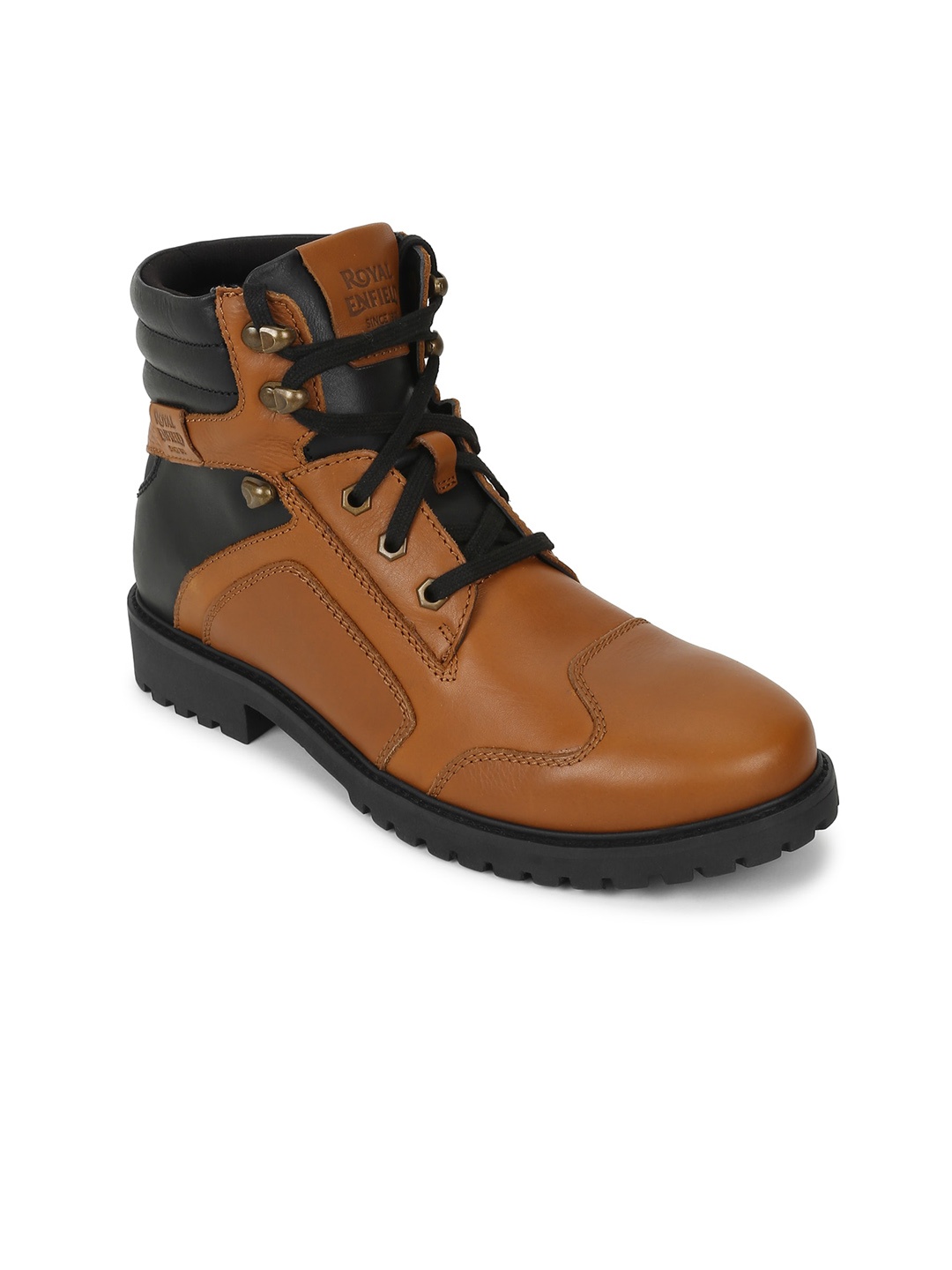 

Royal Enfield Men Colourblocked Leather Biker Boots, Tan