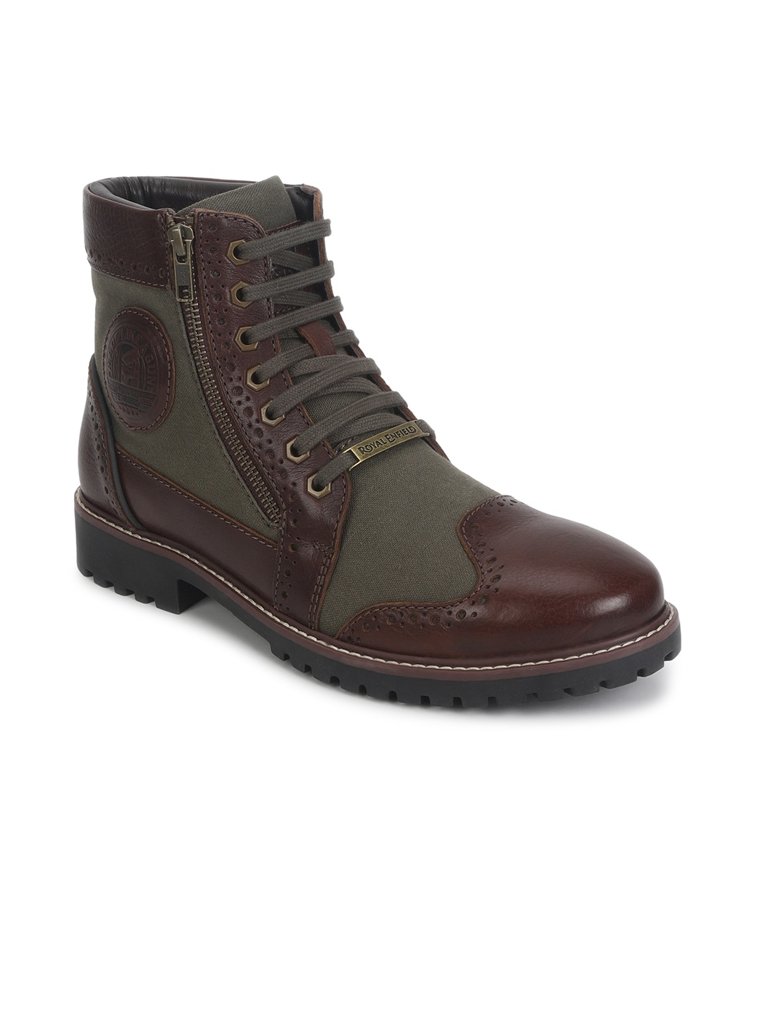 

Royal Enfield Men Colourblocked Leather Biker Boots, Olive