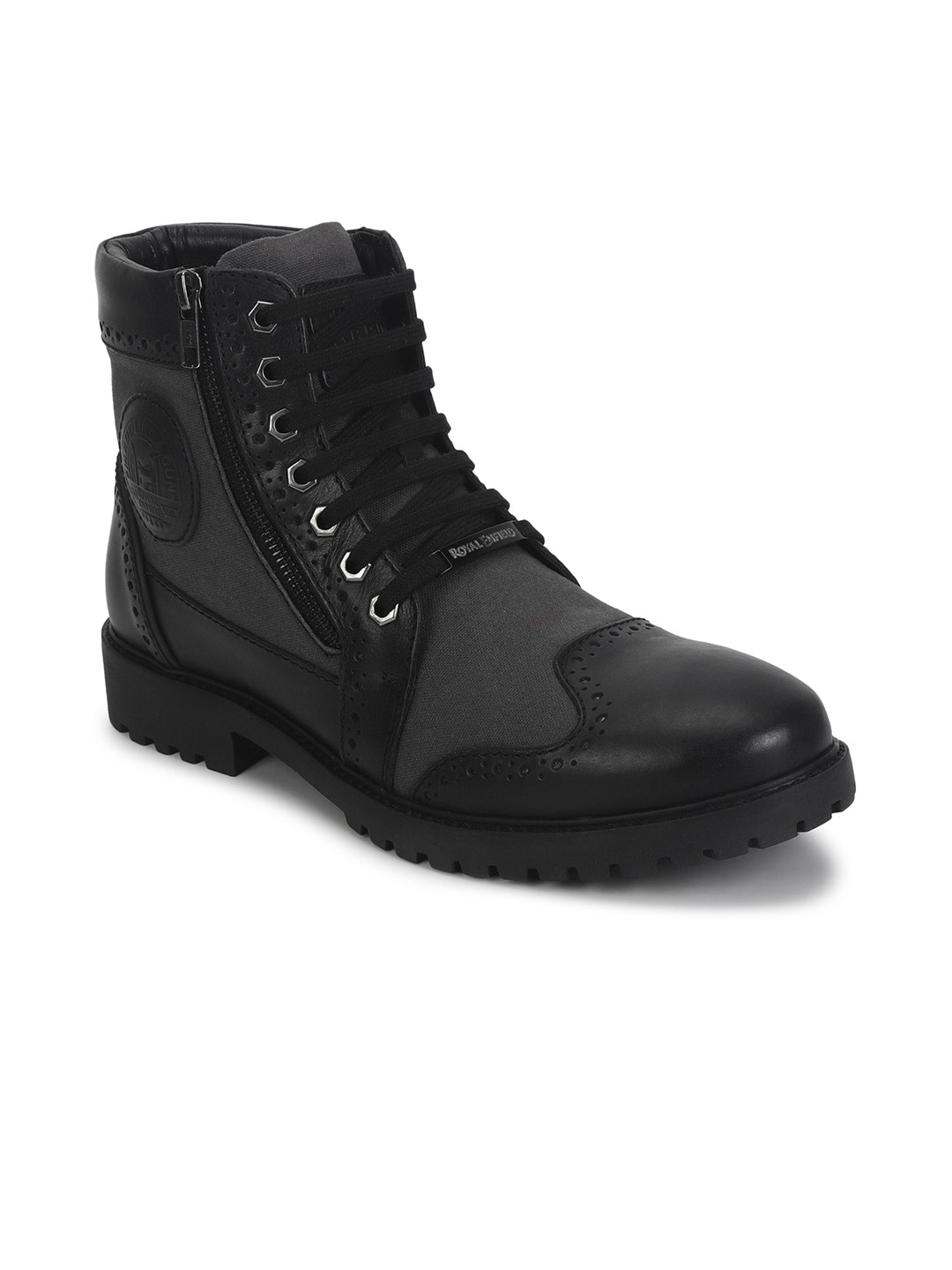

Royal Enfield Men Colourblocked Leather Biker Boots, Grey