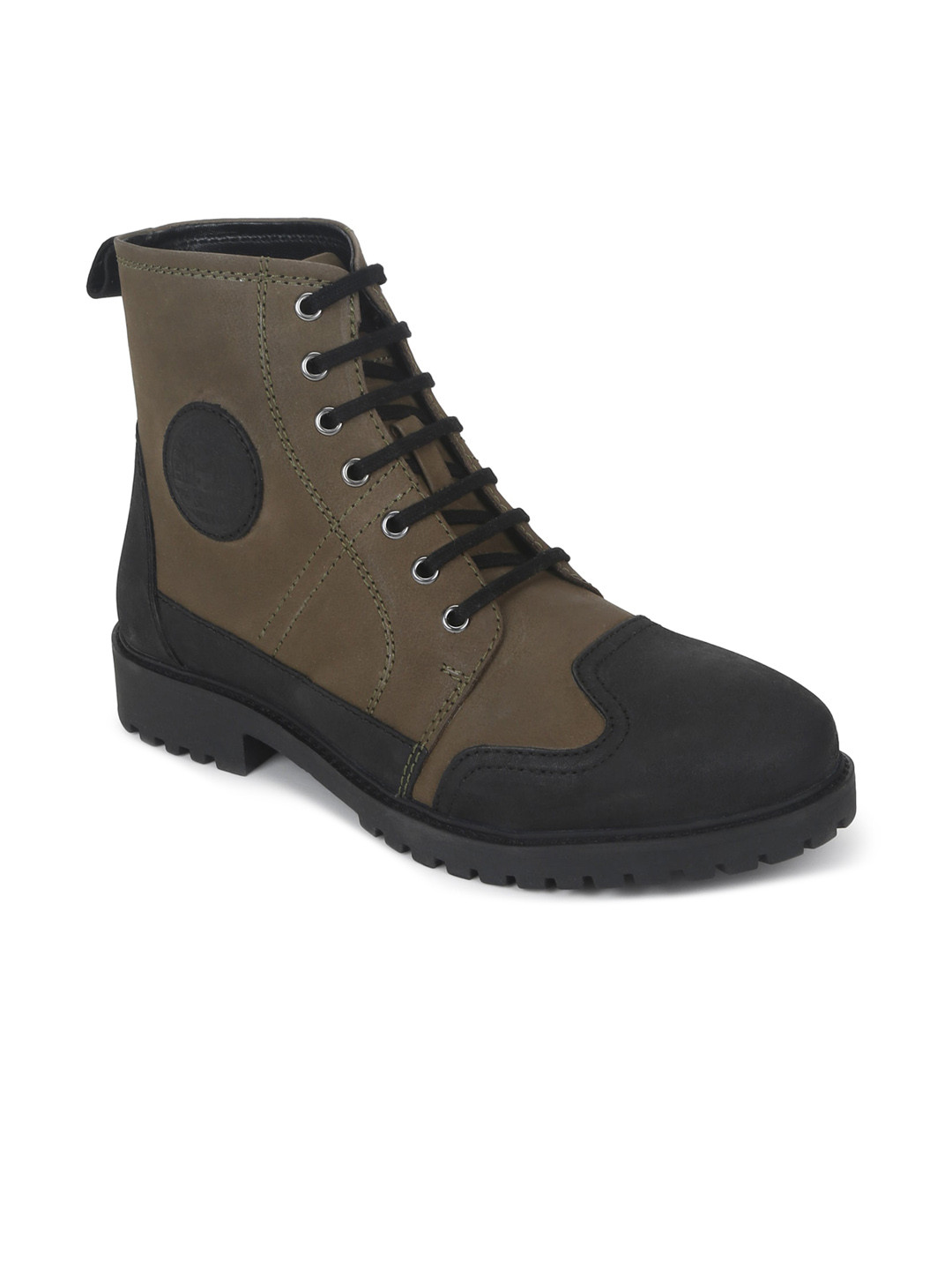 

Royal Enfield Men Colourblocked Leather Biker Boots, Olive