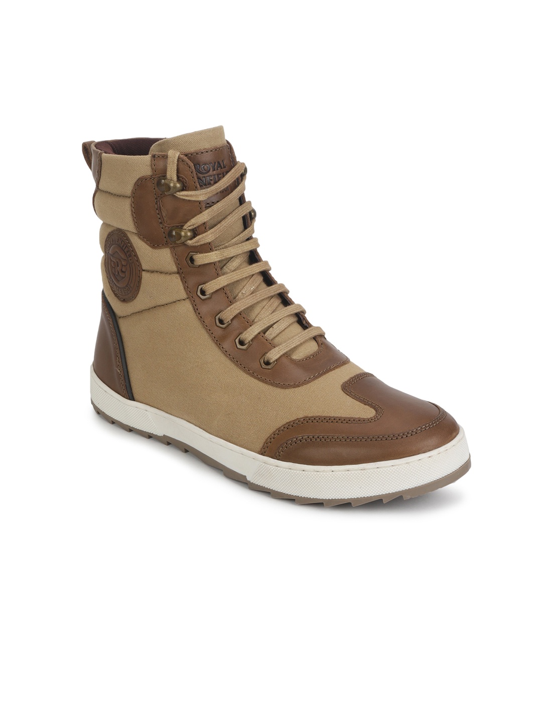 

Royal Enfield Men Colourblocked Leather Biker Boots, Khaki