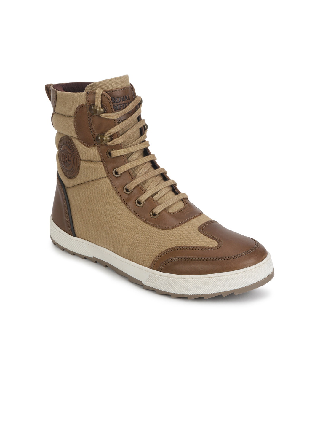 

Royal Enfield Men Colourblocked Leather Biker Boots, Khaki