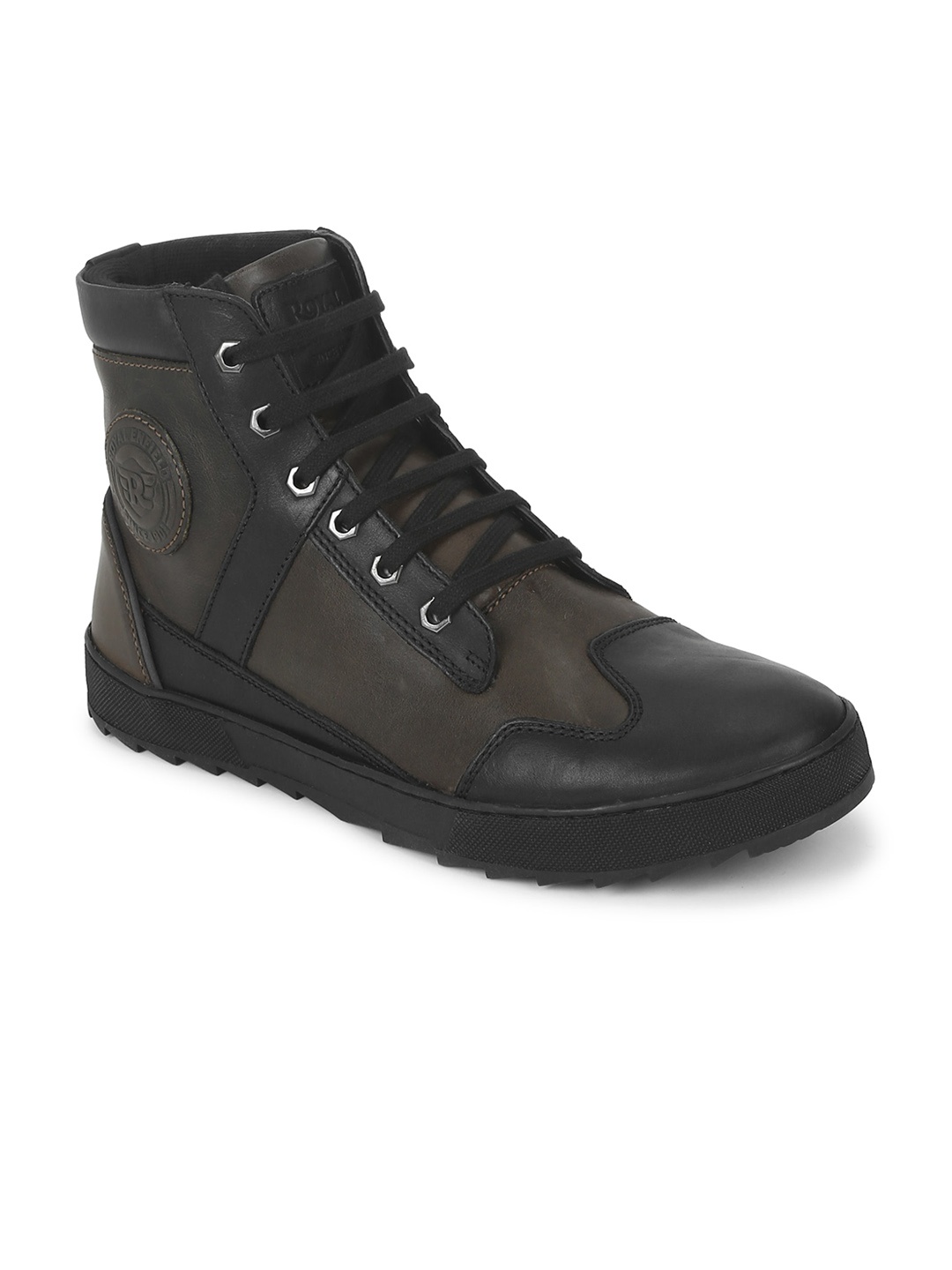 

Royal Enfield Men Colourblocked Leather Biker Boots, Olive