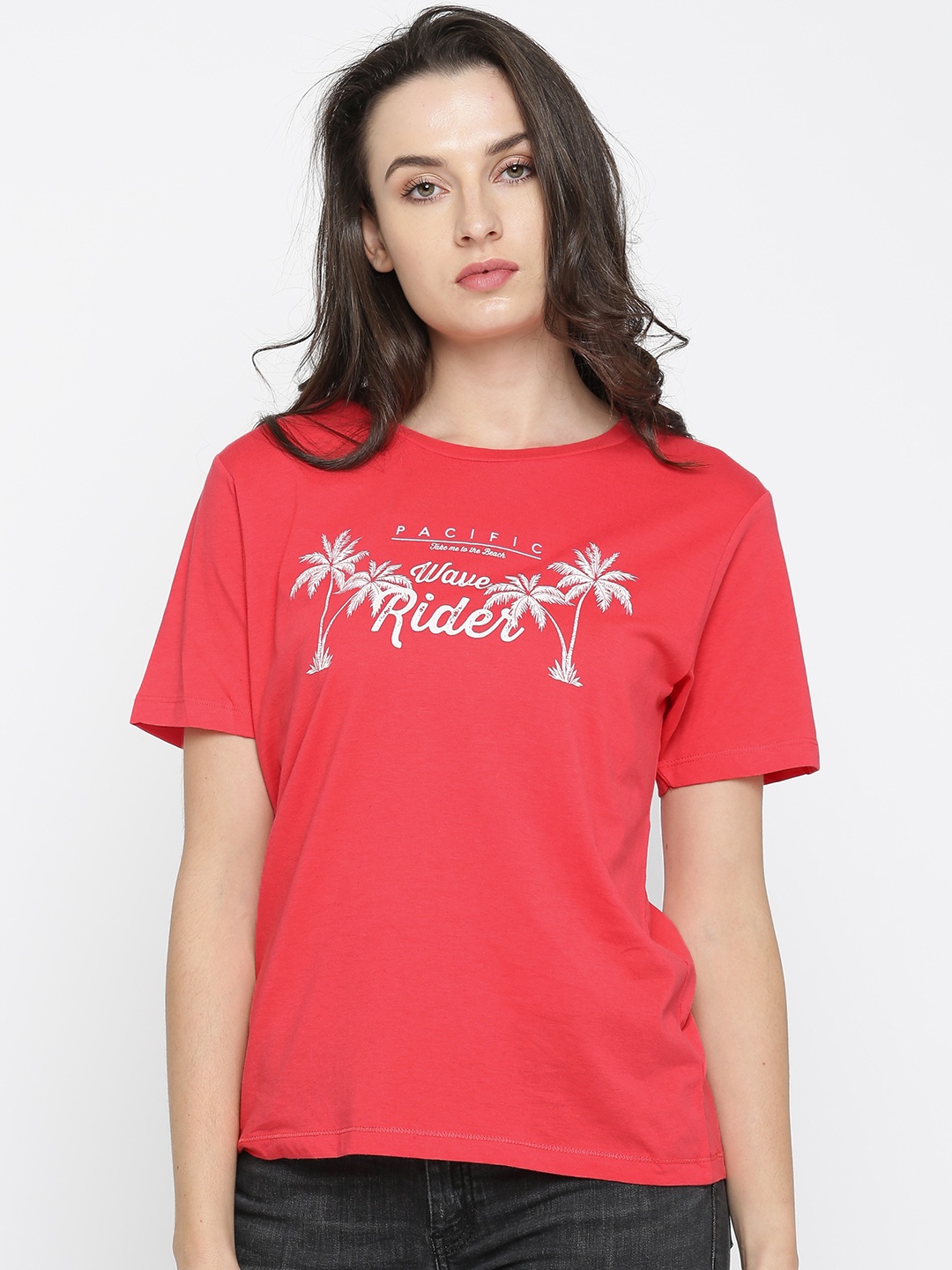 

MANGO Women Coral Pink Printed Round Neck Pure Cotton T-shirt