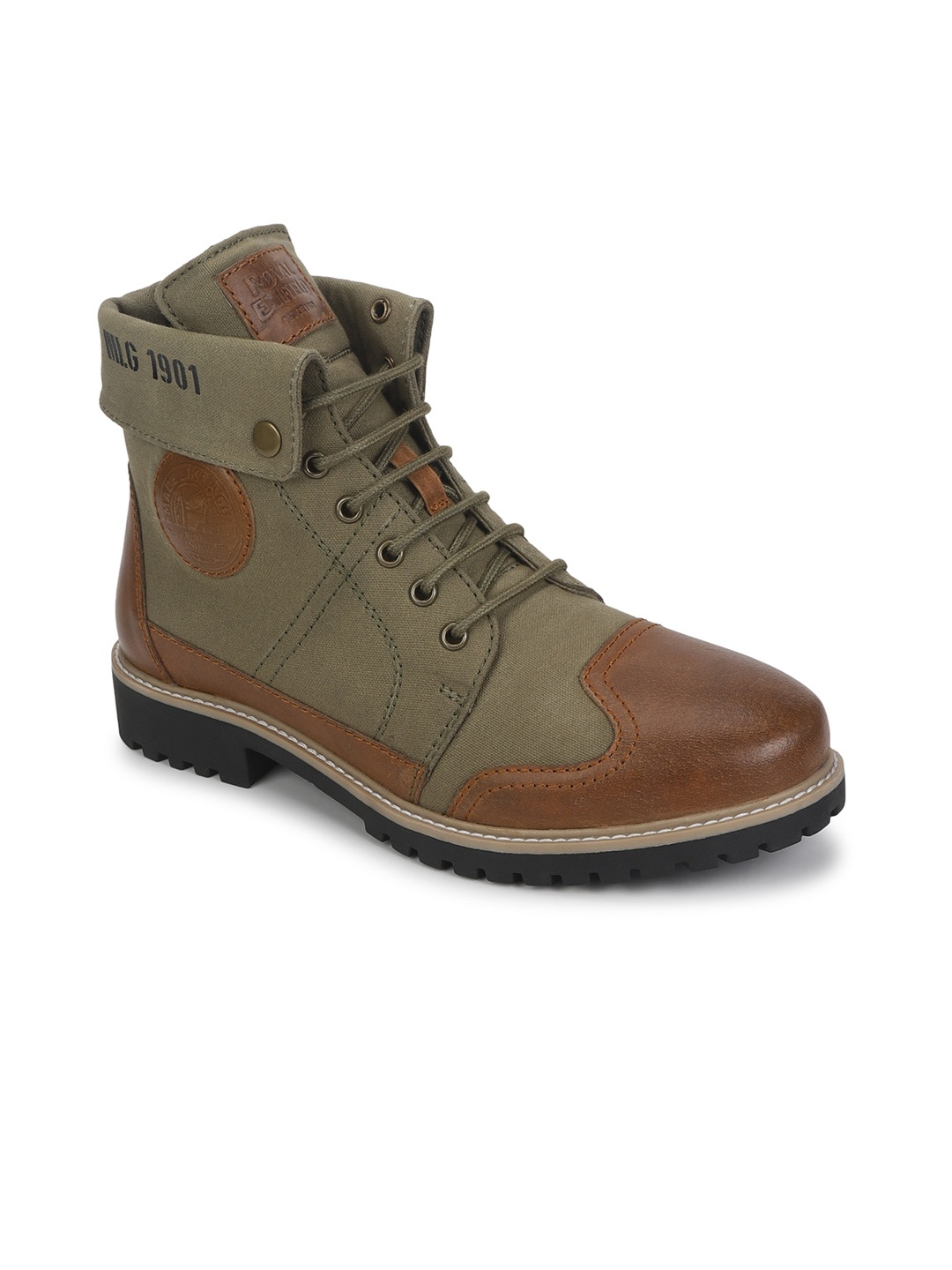 

Royal Enfield Men Colourblocked Leather Biker Boots, Olive