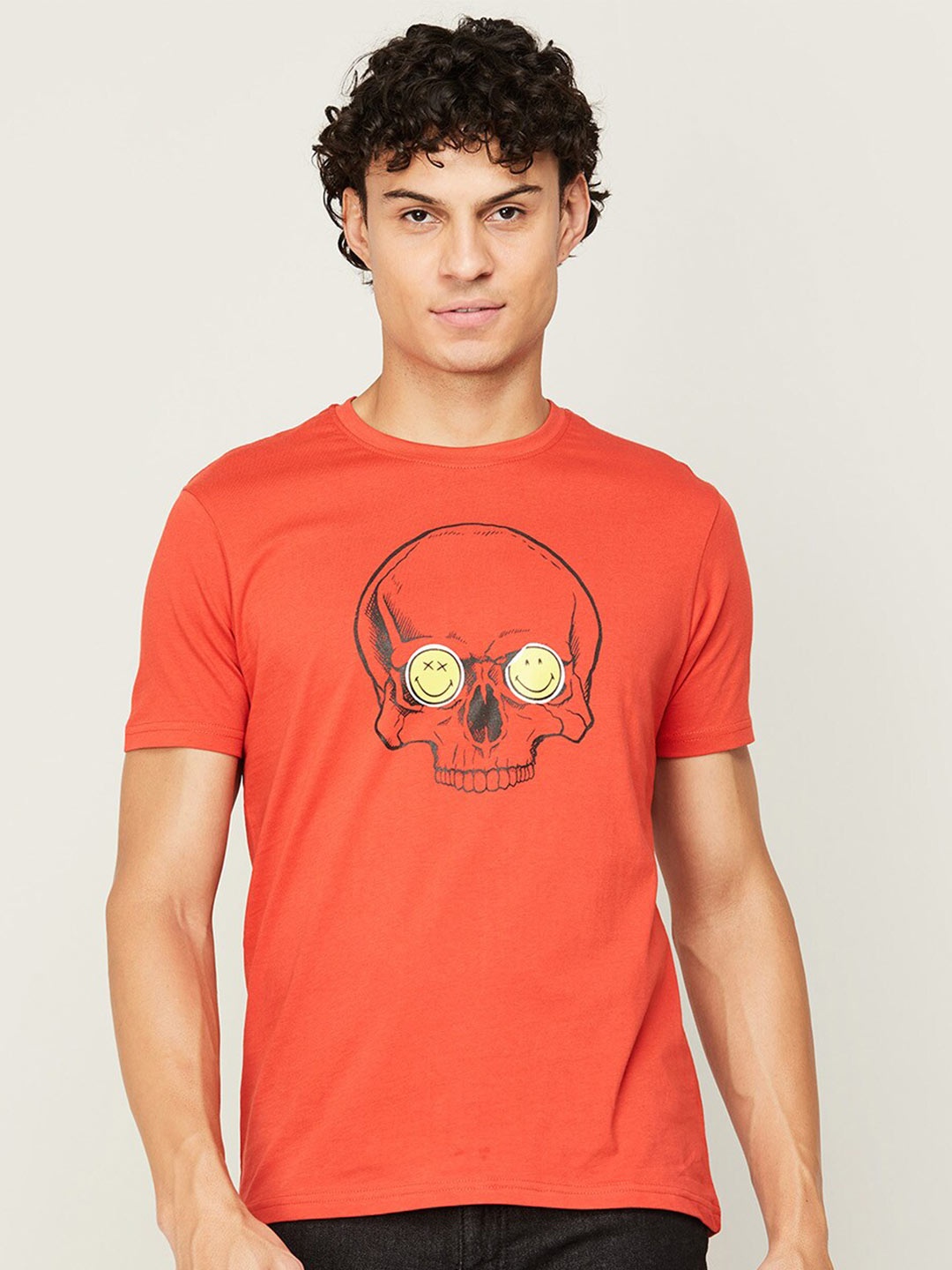 

SmileyWorld Men Printed Cotton T-shirt, Orange