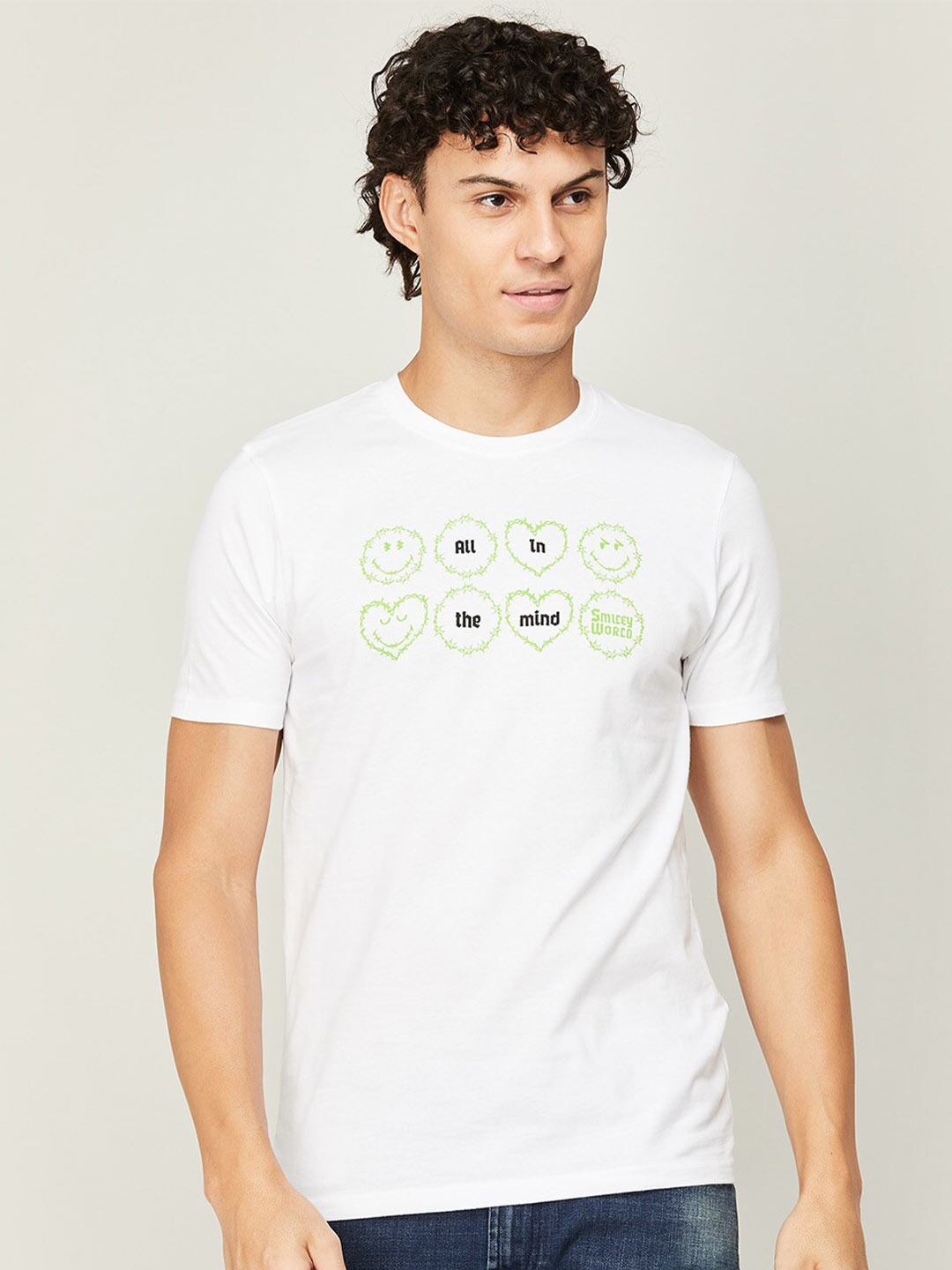 

SmileyWorld Men Cotton Typography Printed T-shirt, White