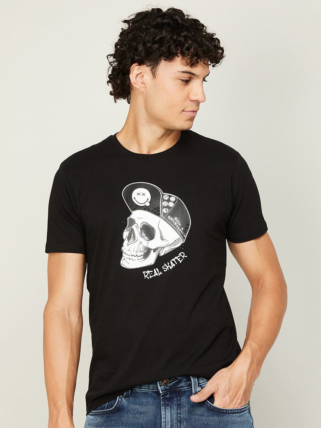 

SmileyWorld Men Round Neck Printed T-shirt, Black