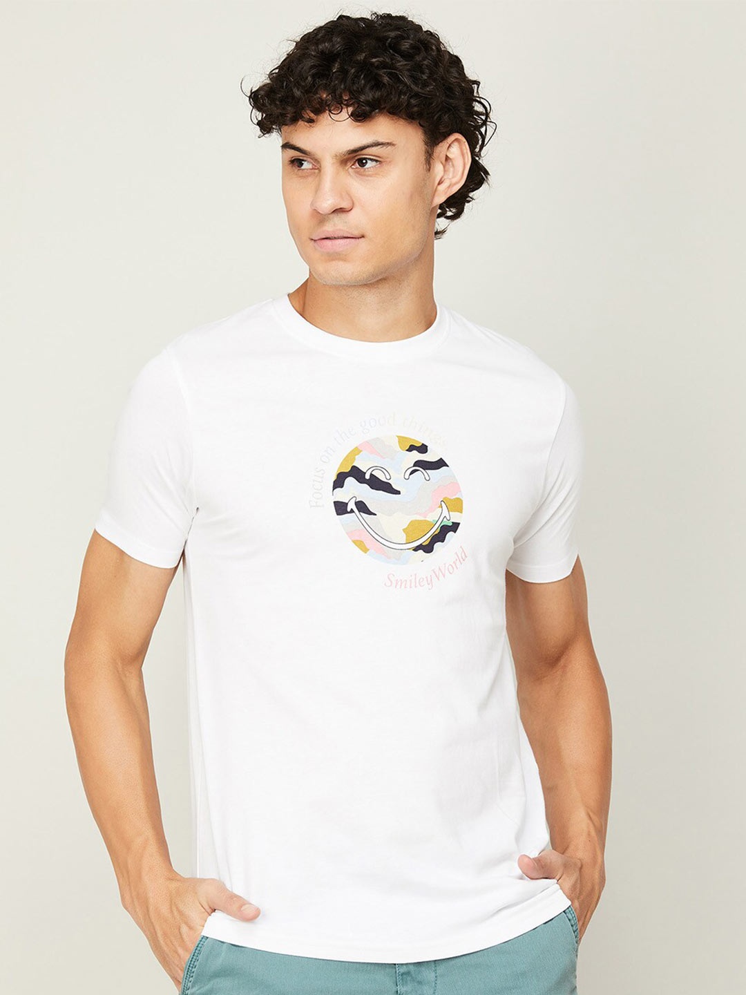 

SmileyWorld Men Graphic Printed Round Neck Cotton T-shirt, White
