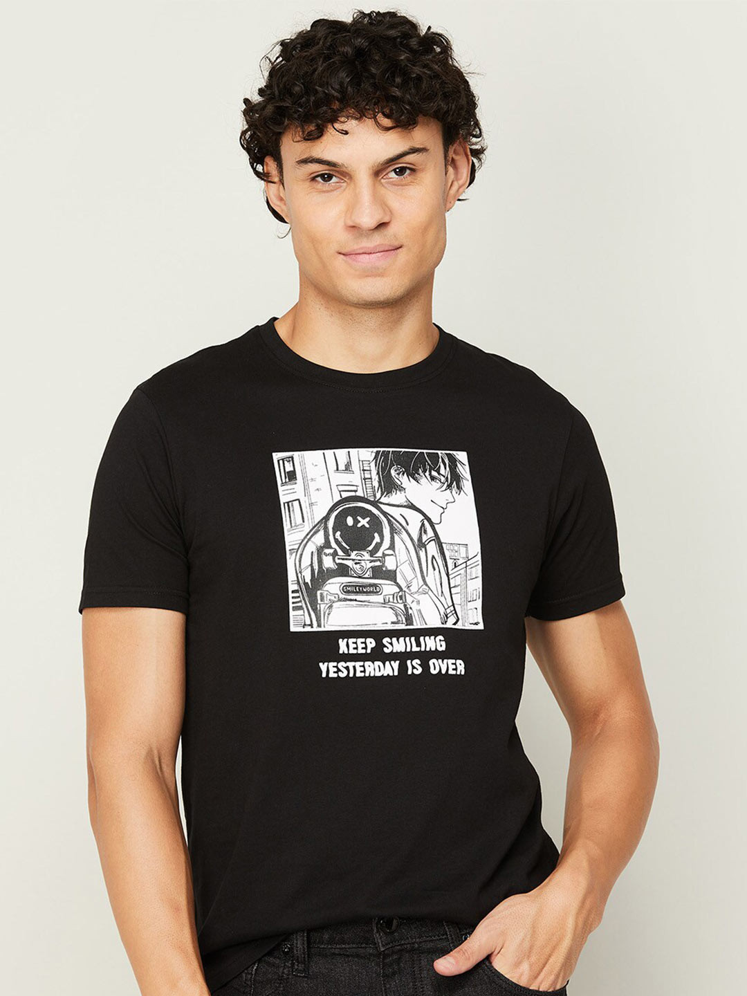 

SmileyWorld Men Printed Cotton T-shirt, Black