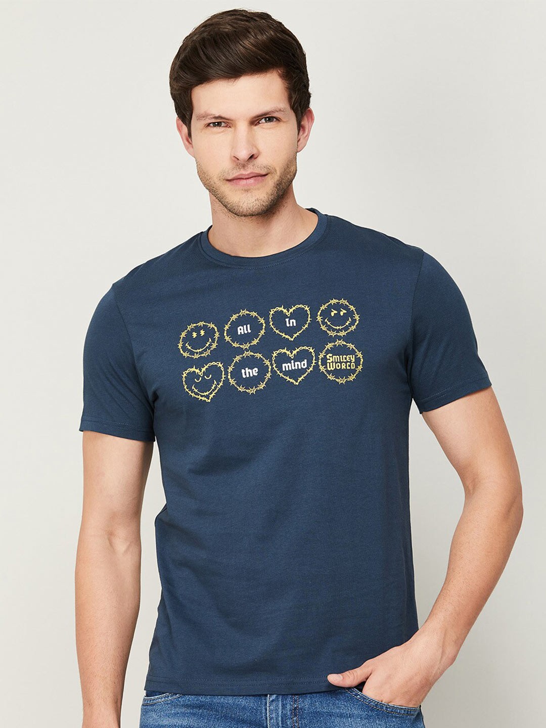 

SmileyWorld Men Typography Printed Cotton T-shirt, Teal