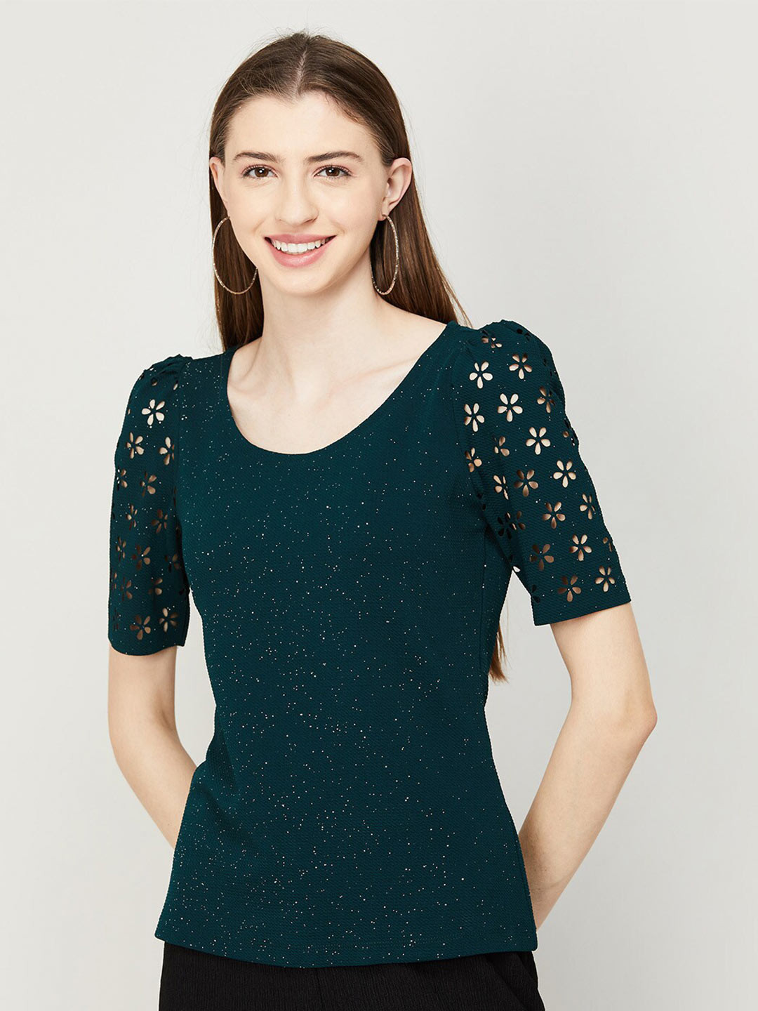 

CODE by Lifestyle Round Neck Puff Sleeve Top, Green