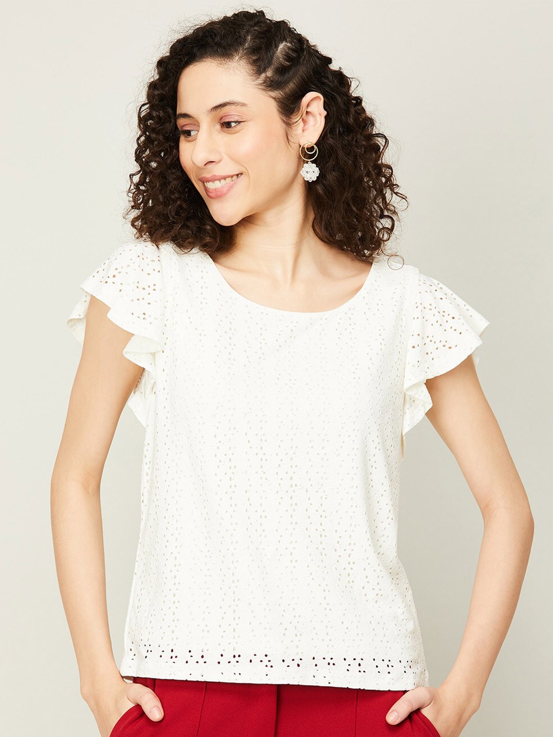 

CODE by Lifestyle Schiffli Flutter Sleeves Top, White