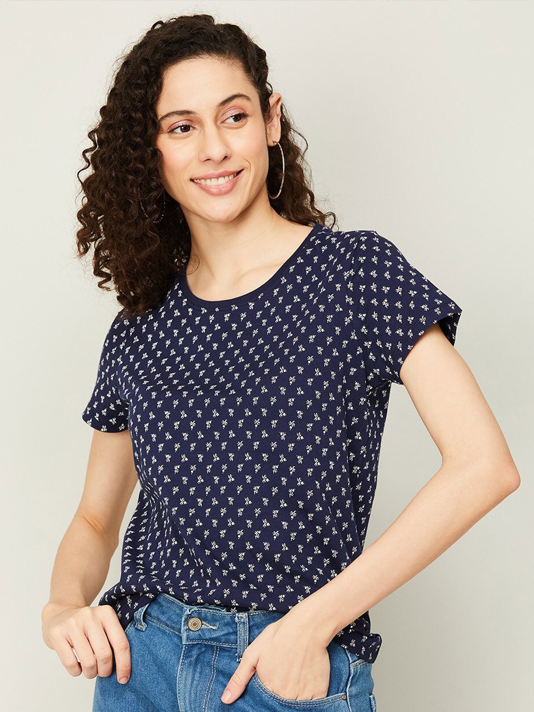 

Fame Forever by Lifestyle Pure Cotton Geometric Print Top, Navy blue