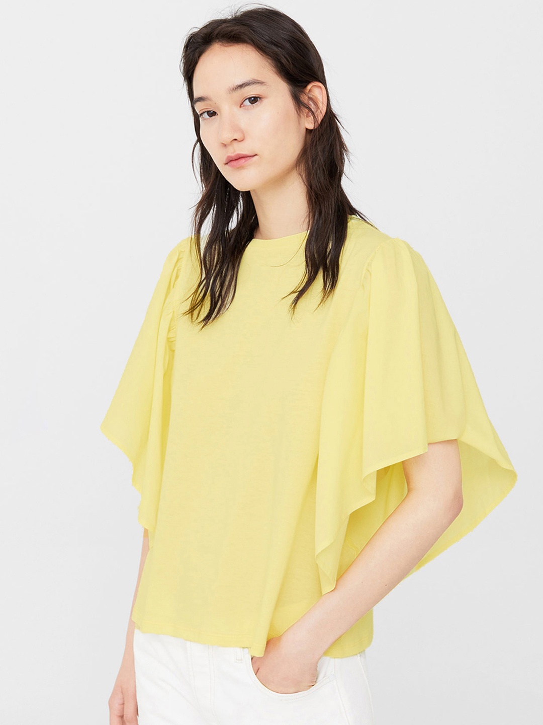 

MANGO Women Yellow Solid Satin Finish Top