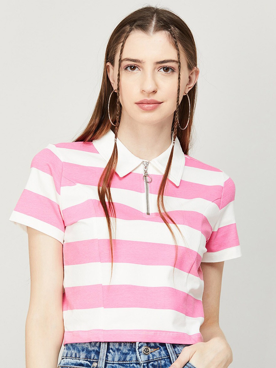 

Ginger by Lifestyle Women Striped Cotton Polo Collar T-shirt, Pink