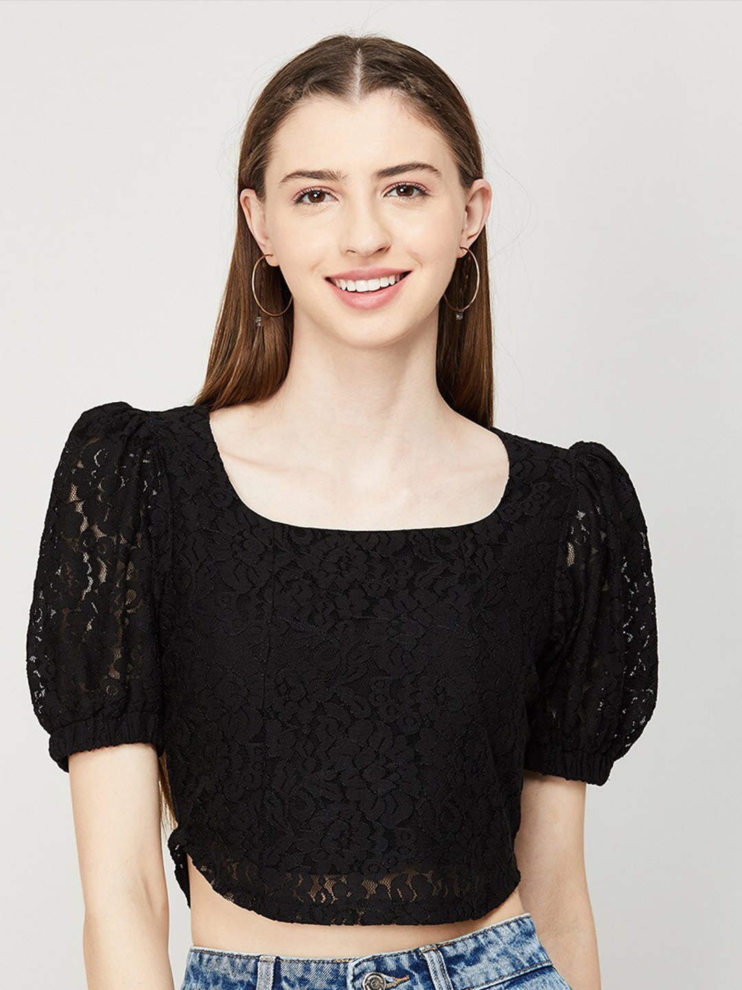 

Ginger by Lifestyle Lace Puff Sleeves Crop Top, Black