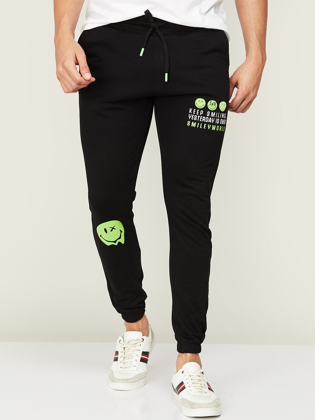 

SmileyWorld Men Printed Slim-Fit Cotton Joggers, Black