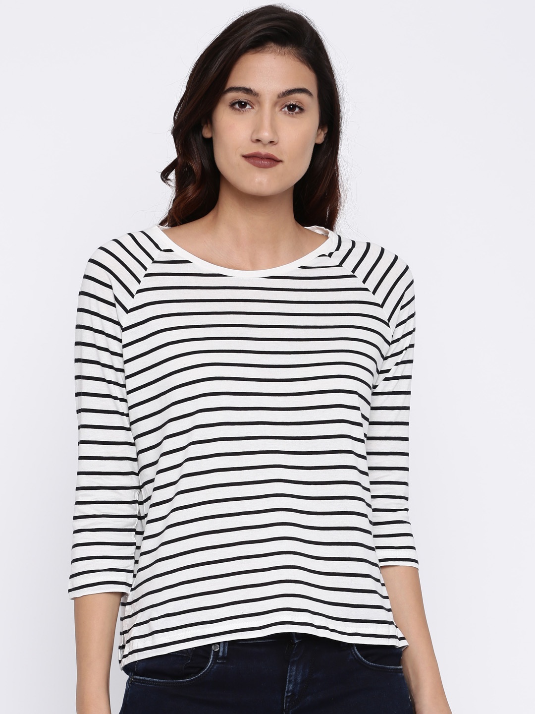 

MANGO Women White Black Striped Round Neck Pure Cotton T-shirt