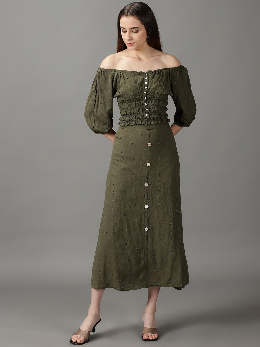 

SHOWOFF Women Self-Design Off-Shoulder Co-ords, Olive