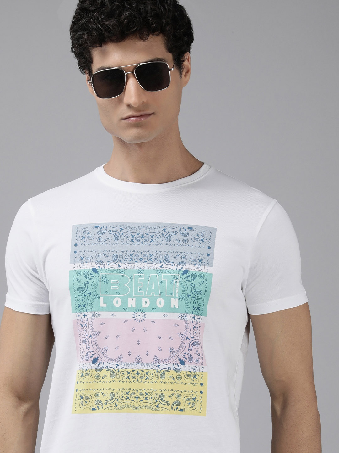 

BEAT LONDON by PEPE JEANS Men Brand Logo Printed Ethnic Pure Cotton T-shirt, White