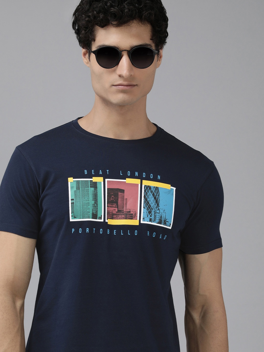 

BEAT LONDON by PEPE JEANS Graphic Printed Pure Cotton Slim Fit T-shirt, Navy blue