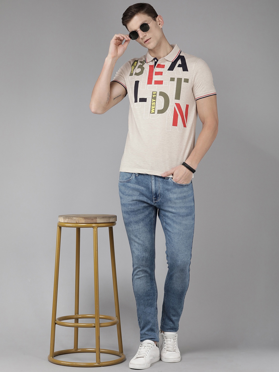 BEAT LONDON by PEPE JEANS Men Brand Logo Printed Polo Collar T-shirt, Off white