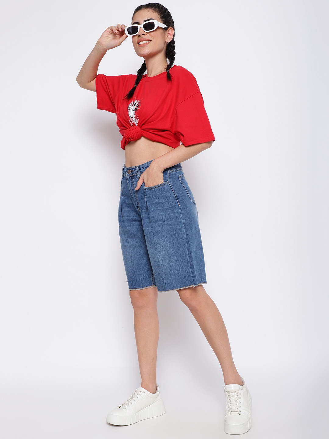 

Belliskey Women Washed High-Rise Denim Shorts, Blue