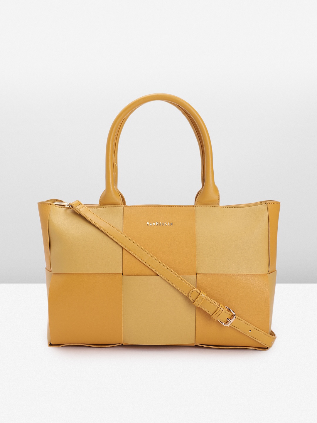 

Van Heusen Geometric Overlapping Self Design Structured Handheld Bag Comes With A Pouch, Mustard