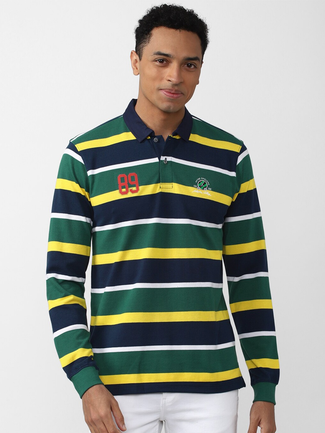 

Peter England Casuals Men Striped Polo Collar Cotton T-shirt, Navy blue